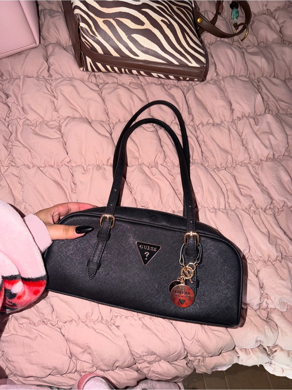 GUESS Black Saffiano Shoulder Bag with Heart Charm